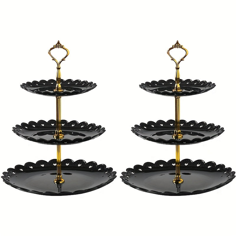 2 piezas de Expositores de Postres de Plástico de Estilo Europeo de 3 Niveles, Bandejas de Servicio de Pasteles y Repostería Seguras para Alimentos con Bordes Festoneados para Bodas, Cumpleaños, Fiestas de Té y Reuniones Festivas - Decoraciones Elegantes