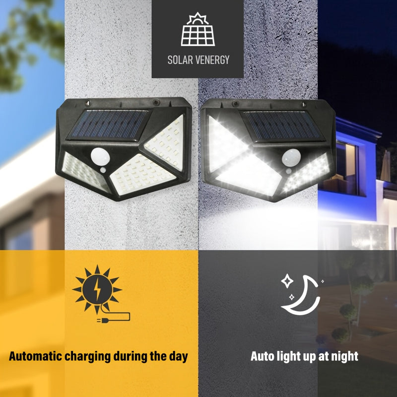 2 piezas de luz solar para pared con sensor de movimiento, 100 LED, portátil para camping, control táctil, iluminación exterior, fácil instalación, sin cables, recargable solar de alta calidad, luces solares para exteriores