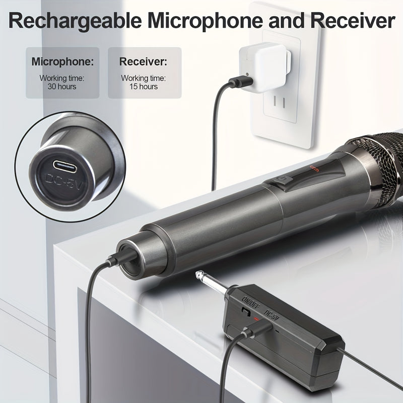 Sistema de micrófono inalámbrico Bomaite con batería recargable para fiestas, reuniones, bodas - Conector jack de 6.35 mm, carga USB, batería de litio de 1200 mAh, potencia máxima de 20W, puerto de carga tipo C