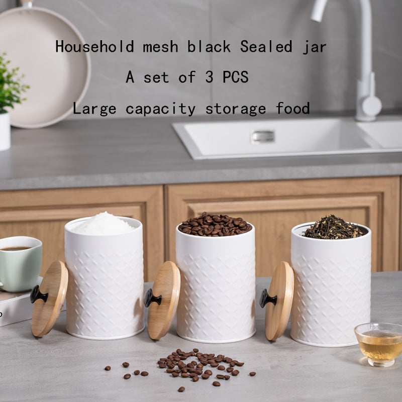 Juego de 3 contenedores metálicos herméticos, jarras de almacenamiento redondas blancas con tapas de bambú herméticas para encimeras de cocina, adecuadas para almacenar granos de café, té, bolsas de té, azúcar y granos - Reutilizables