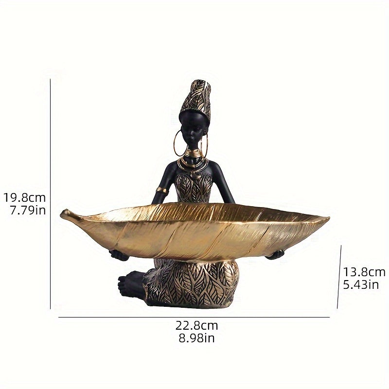 Figura de mujer africana de resina con tazón de hoja dorada - Decoración para el hogar, ornamento de mesa, organizador de entrada, regalo ideal, decoración navideña