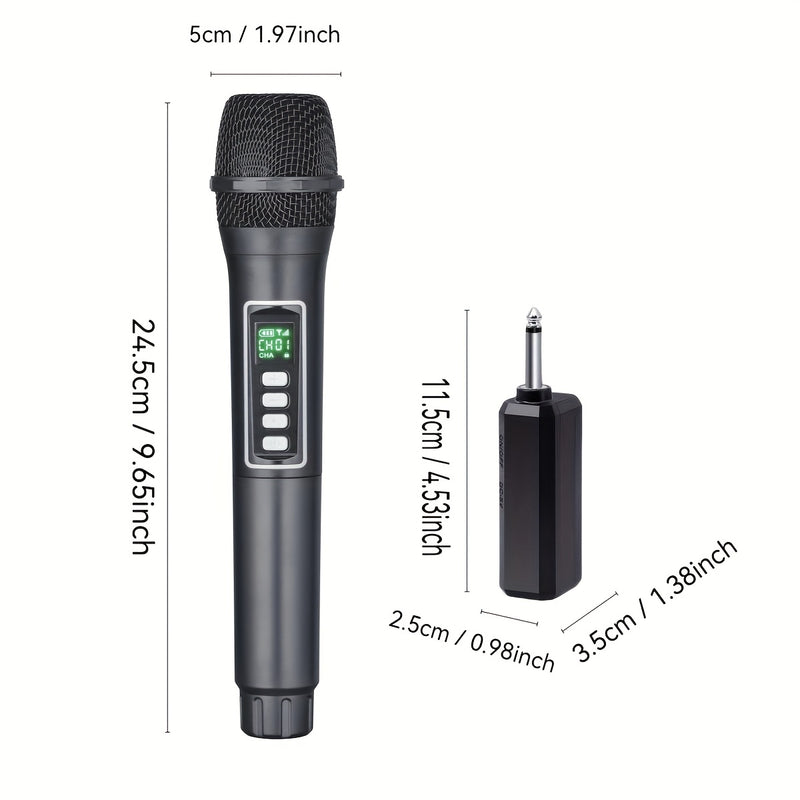 Micrófono inalámbrico negro, 2,4 GHz, sin cables, recargable por USB con batería, con enchufe de 6,35 mm, 4 efectos de cambio de voz, control de volumen, todo recargable, para actuaciones en vivo, conciertos, karaoke, estudios de grabación.