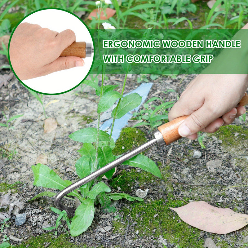 Juego de 4 Herramientas para Deshierbar Acero Inoxidable con Mango Ergonómico de Madera, Set Multiusos para Jardinería y Transplante