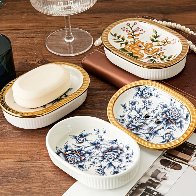 Jabonera de cerámica ovalada de lujo con bandeja de drenaje de doble capa, ribete dorado de estilo americano, elegante jabonera de baño, diseño resistente al agua.