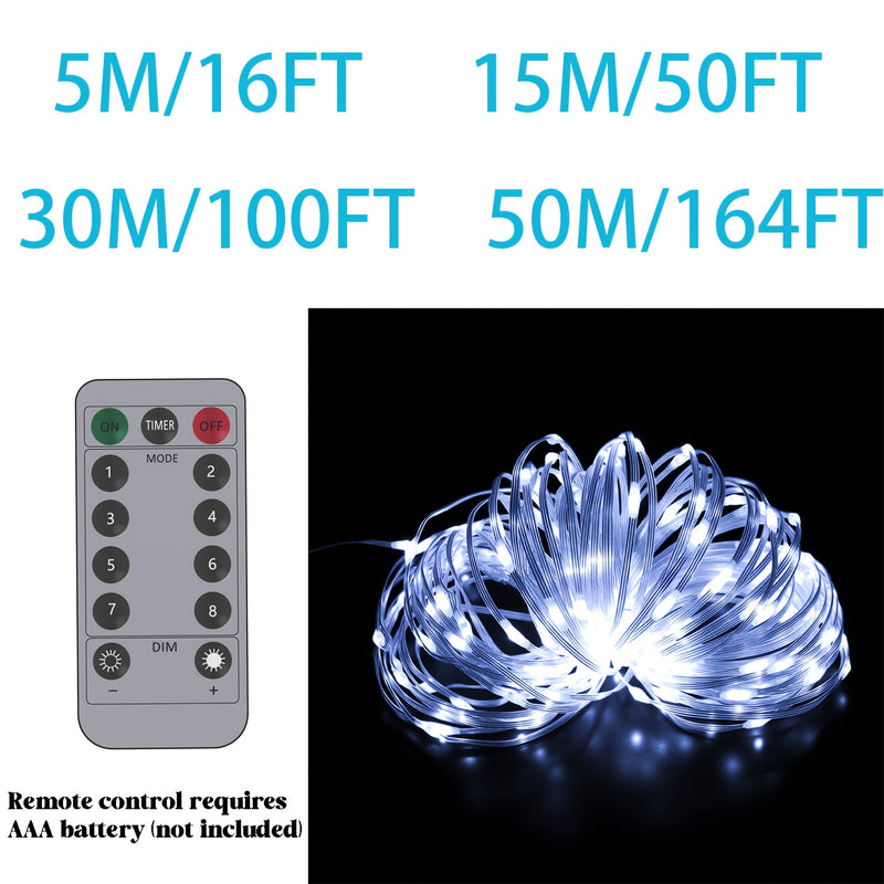 Luces de cadena de vacaciones impermeables blancas de 15.24/30.48/49.99 metros, alimentadas por USB con control remoto, velocidad de parpadeo ajustable, luces de Navidad impermeables IP67, adecuadas para Navidad, Día de San Valentín, decoración de ambien
