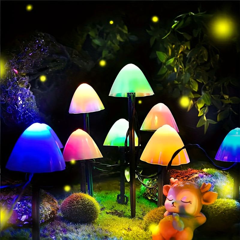 Un conjunto de luz solar en forma de hongo para el suelo con 8 funciones, cadena de luces LED para exteriores, luz ambiental navideña, decoración de patio jardín pasillo, luz de paisaje exterior para césped, 10L / 30L