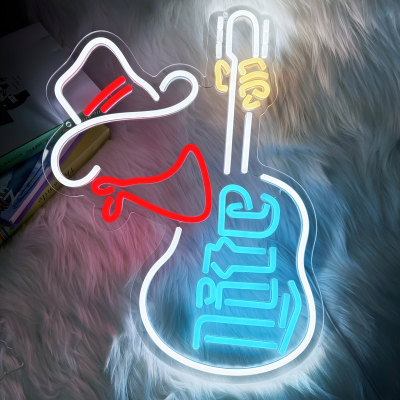 LIUYANG Letrero de neón de guitarra regulable, arte de pared LED alimentado por USB, controlado por botón, para decoración de bar, cueva de hombre, pub, restaurante, no requiere batería