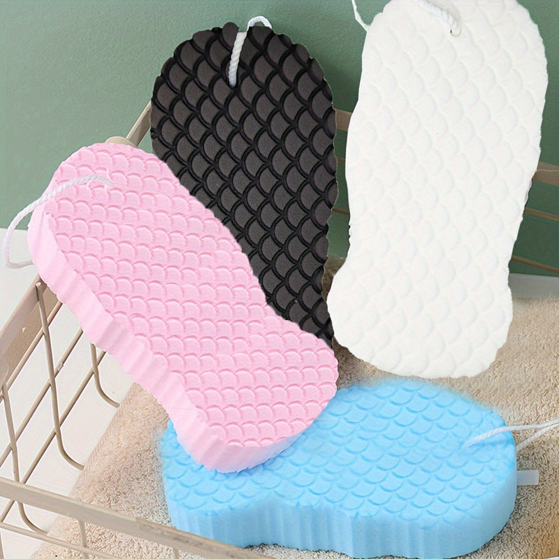 1 esponja exfoliante de baño 3D con diseño de escamas de pescado, doble cara, suave, fácil de limpiar y secado rápido, accesorio para cuidado de la piel con colgador, ideal para spa en casa