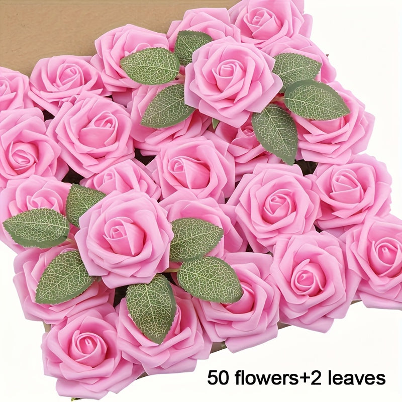 52 piezas de flores artificiales, 50 flores, 2 hojas, rosas falsas de espuma realistas para bodas DIY, ramo de novia blanco, regalo de decoración central, decoraciones de mesa para fiestas.