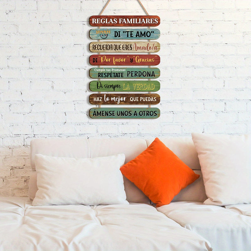 1 pieza de arte de pared de madera moderna con cita de reglas familiares - Señal inspiradora española de colores, adecuada para decoración del hogar y la oficina, fácil de colgar, pintura colgante con cuerda, decoración del hogar.
