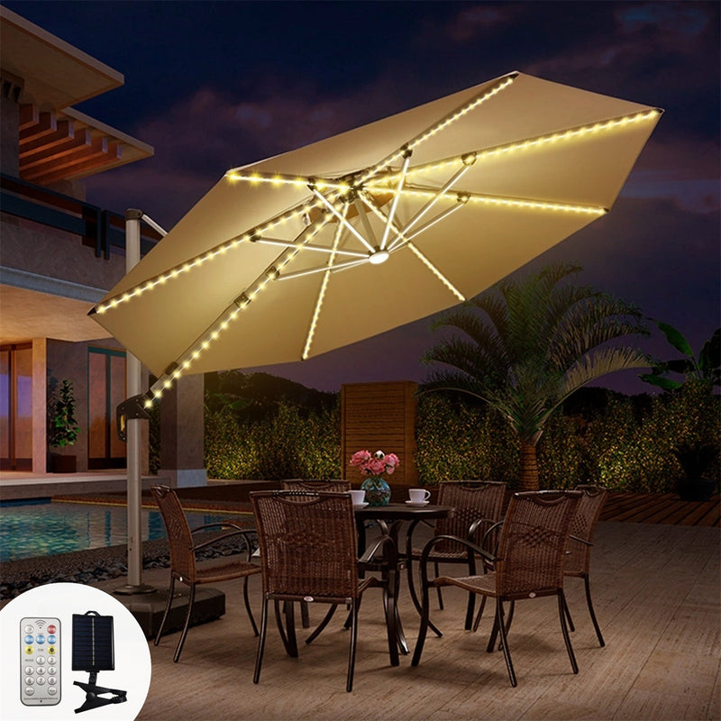 1pc Sombrilla Solar con Luz, Gran Sombrilla Rectangular para Exterior con Base y Soporte, Diseño Doble Cara con 104 Luces LED Solares, 8 Modos de Iluminación Control Remoto, Blanco Cálido para Jardín o Piscina, Beige, Incluye Batería