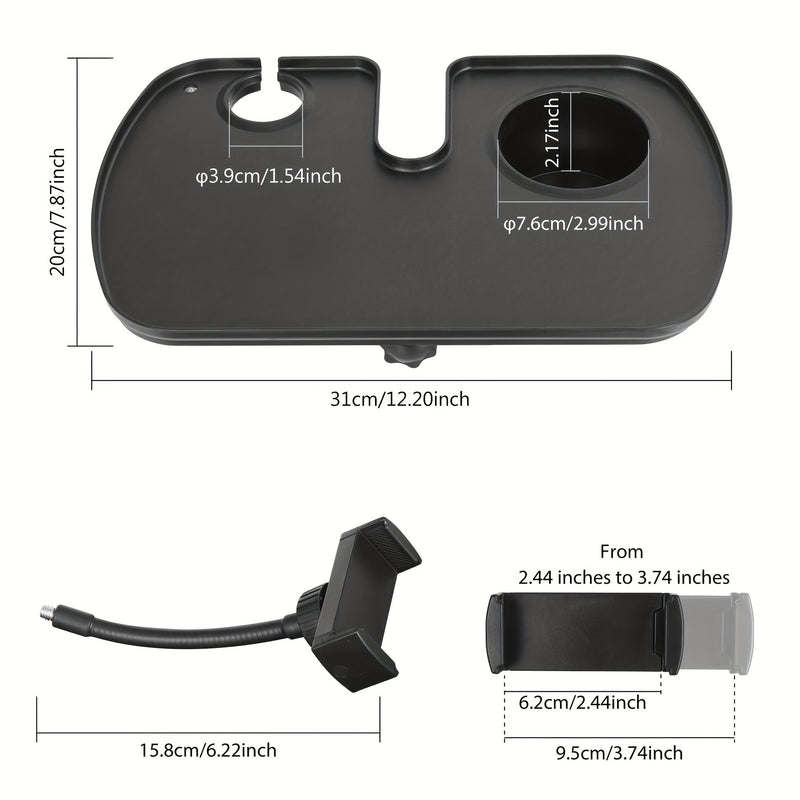 Soporte de micrófono ajustable con bandeja y soporte para teléfono inteligente con abrazadera, material ABS, ajuste universal para escenario, transmisión en vivo y conciertos - Negro