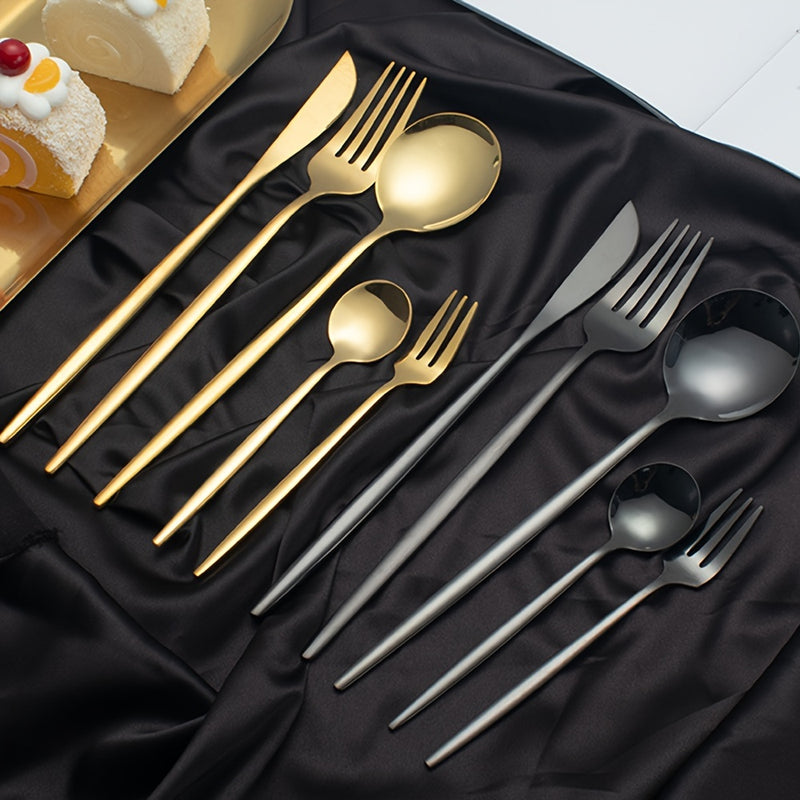 Juego de cubiertos de acero inoxidable delgado estilo portugués, 30 piezas: cuchillo para carne, tenedor para cena, cuchara para postre y tenedor para postre - Juego de vajilla para hogar y restaurantes