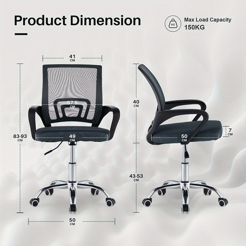Una silla de oficina práctica, duradera y ergonómicamente diseñada con altura ajustable, respaldo de malla transpirable, soporte lumbar, estructura metálica resistente, ideal para hogares y compatibles con pisos duros