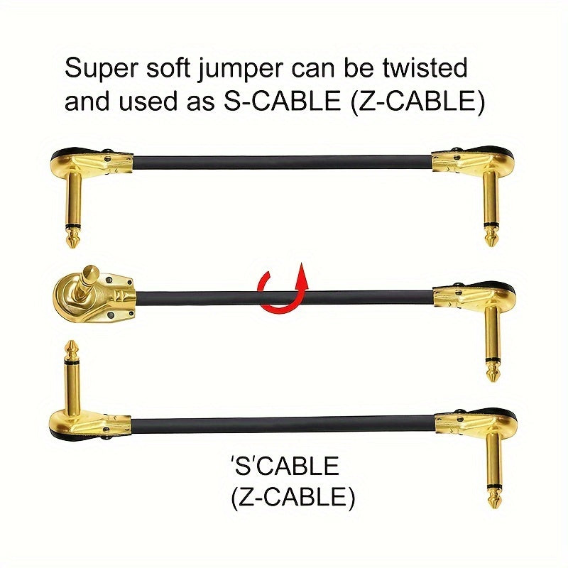 6pcs Cables de Parche de Guitarra de Alta Calidad con Cabeza Plana, 15cm & 30cm - Macho a Macho, Negros con Conectores Dorados, Ideales para Pedales de Efectos de Guitarra Eléctrica - Duraderos y Flexibles para Músicos, Accesorios de Guitarra