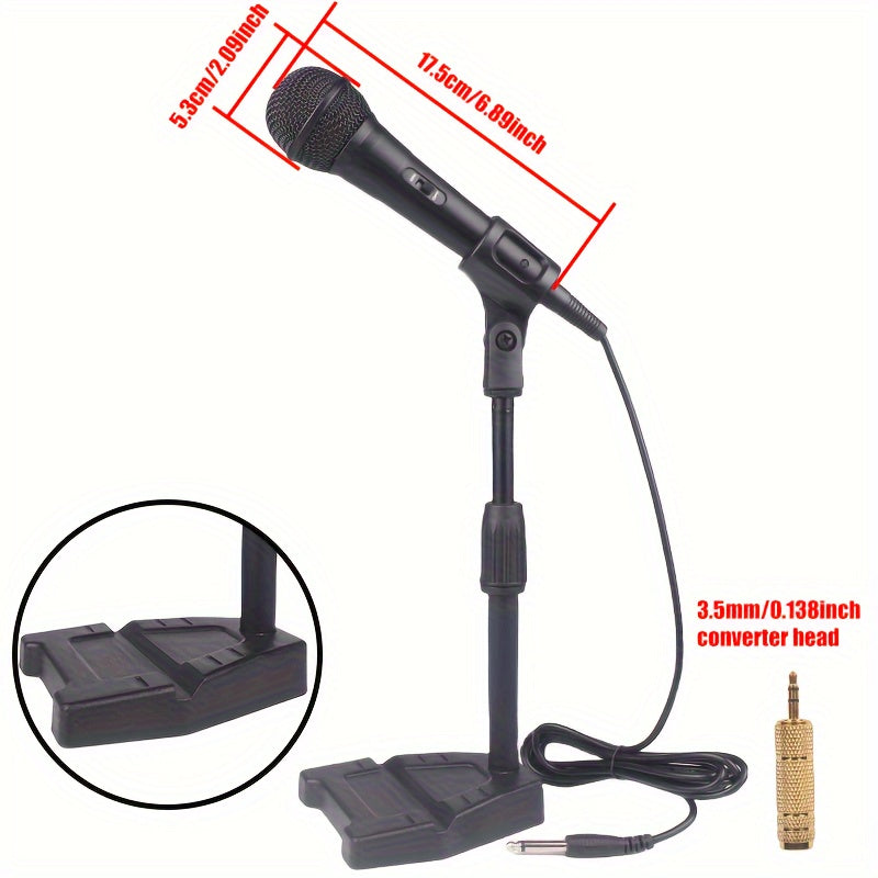Conjunto de soporte de micrófono de bobina de movimiento con cable profesional, micrófono portátil, micrófono dinámico de mano universal con enchufe de 6,35 mm/0,25 pulgadas y adaptador de 3,5 mm/0,138 pulgadas. Adecuado para teclados electrónicos, instr