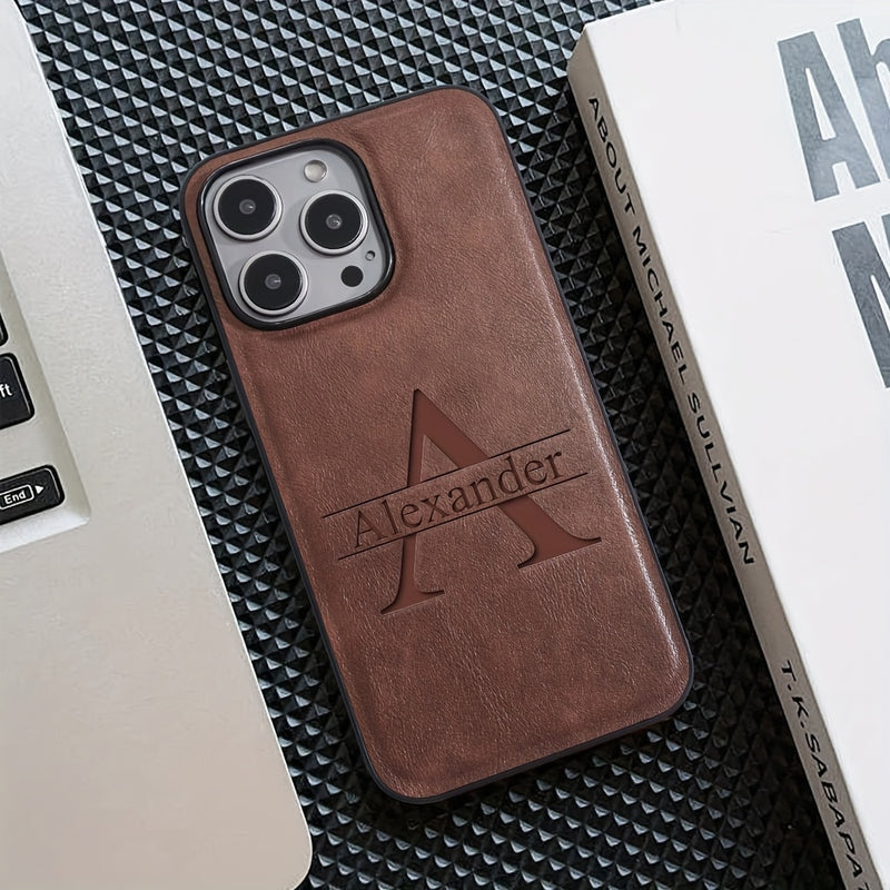 Estuche personalizado de lujo para negocios para modelos de iPhone 11 a 16 Pro Max, con iniciales personalizadas y grabado láser en una funda de piel sintética resistente a los golpes.