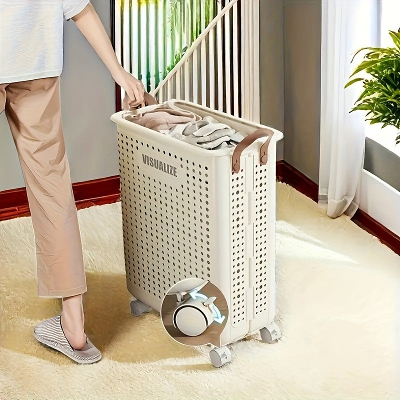1 cesta de almacenamiento plegable blanca de tamaño medio-grande con ruedas - Organizador que ahorra espacio para toallas, ropa, juguetes y más - Caja plegable portátil de plástico con asas, ideal para el hogar, la cocina, el baño y el spa, solución de a