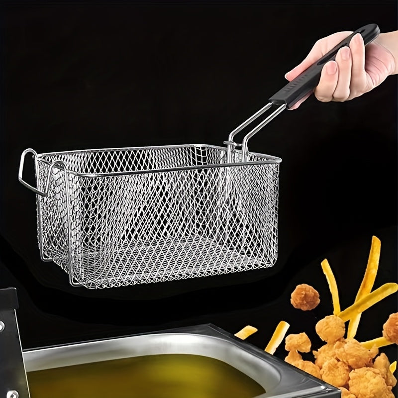 Cesta de freír de acero inoxidable con mango plegable, malla resistente al calor, adecuada para papas fritas, alas de pollo y snacks, fácil de limpiar, ideal para uso doméstico y comercial en la cocina.