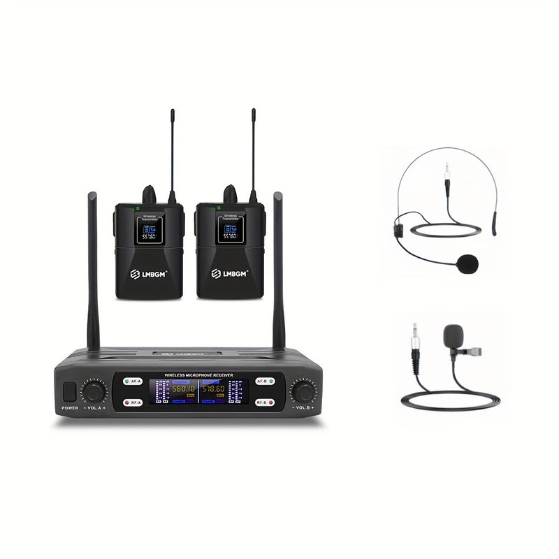 Sistema de micrófono inalámbrico profesional LMBGM con 1 micrófono de solapa y 1 micrófono de diadema para presentaciones en escenarios, conferencias, aulas, conferencias, coros, bodas, etc. - Conector XLR, sin batería, sin función de carga, alimentación