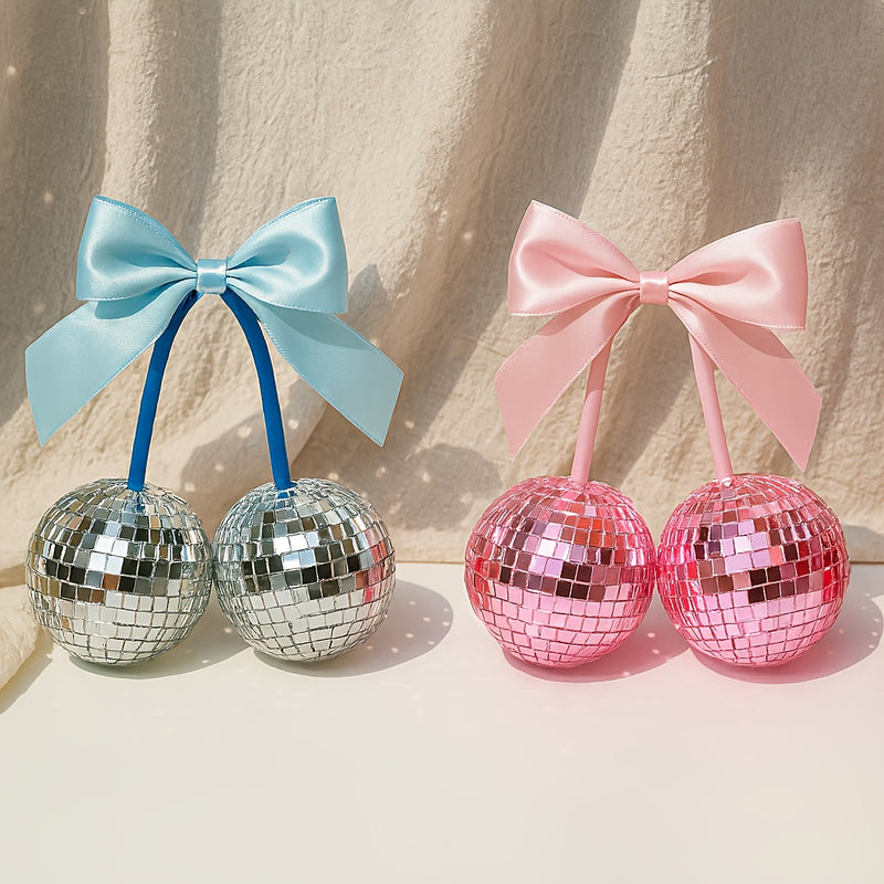 Esferas de discoteca con moños y cerezas, decoración para fiestas y hogar, regalos con moños para colgar en la pared, decoración llamativa en rosa, azul y rojo
