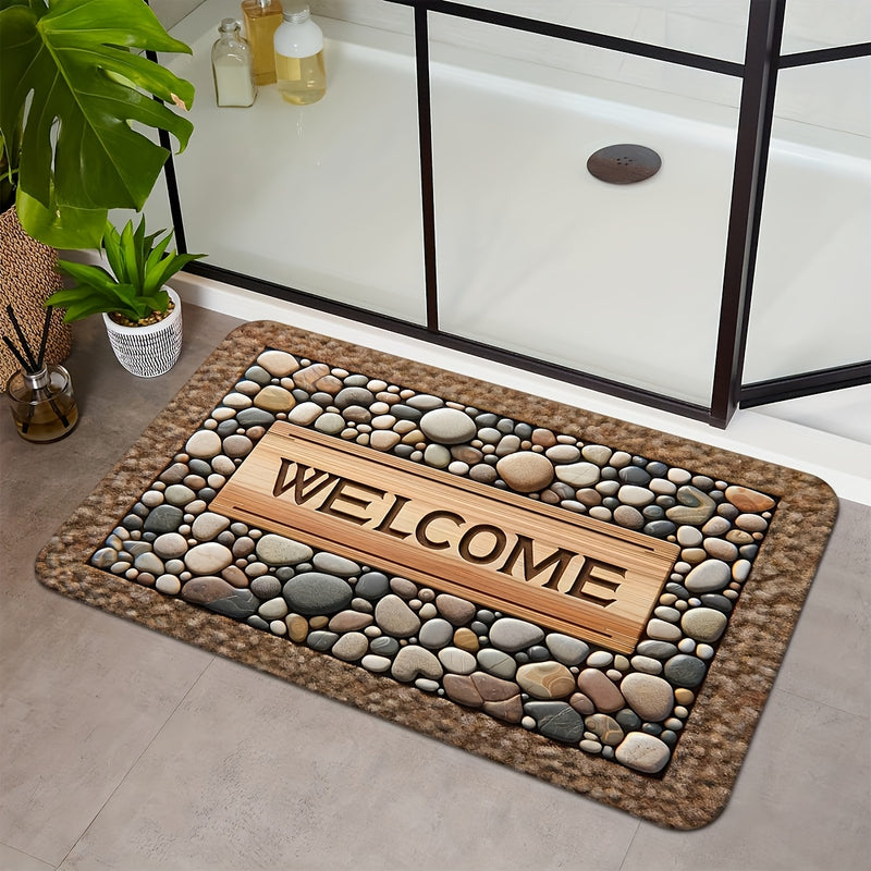 1 Alfombra de Bienvenida Antideslizante para Puerta - Diseño Duradero y Lavable en Máquina con Estampado de Piedra y Textura de Madera - Ideal para Decoración Rústica, Uso Todo el Año, Material de Poliéster, Entrada Acogedora | Aspecto Natural con Diseño