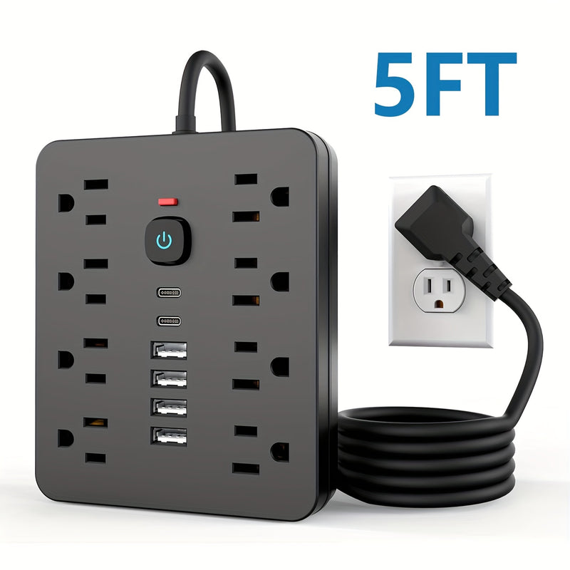 Regleta de 14 en 1, 8 tomacorrientes, 4 puertos USB, 2 puertos USB-C, cable de extensión de 152.4/304.8 cm, enchufe plano, montaje en pared, protección contra sobrecargas, supresor de picos, ideal para carga en el hogar y oficina
