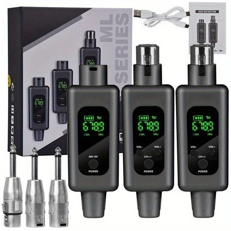 Sistema de micrófono inalámbrico con transmisor y receptor XLR, con alimentación de ilusión de 48V, para micrófono activo/conductor, sistema de altavoces, mezclador de audio, conector USB/tejido, batería de litio, voltaje de funcionamiento <36V, sin carg