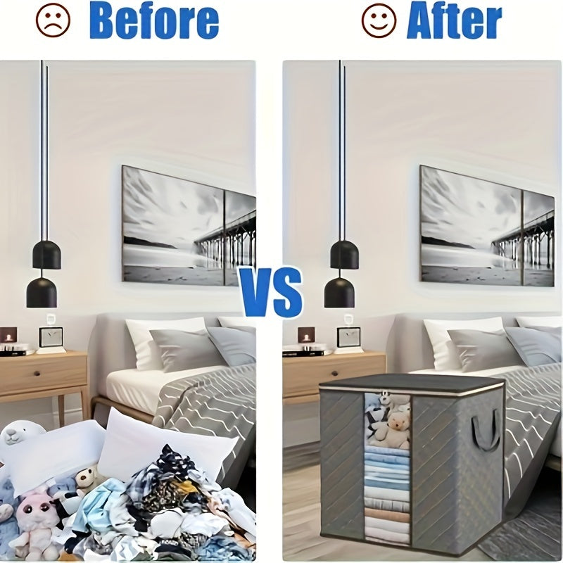 3 Bolsas de Almacenamiento Extra Grandes con Asas Reforzadas - Organizadores Plegables de 100L para Ropa, Mantas y Ropa de Cama, Ventana Transparente, Apilables - Gris