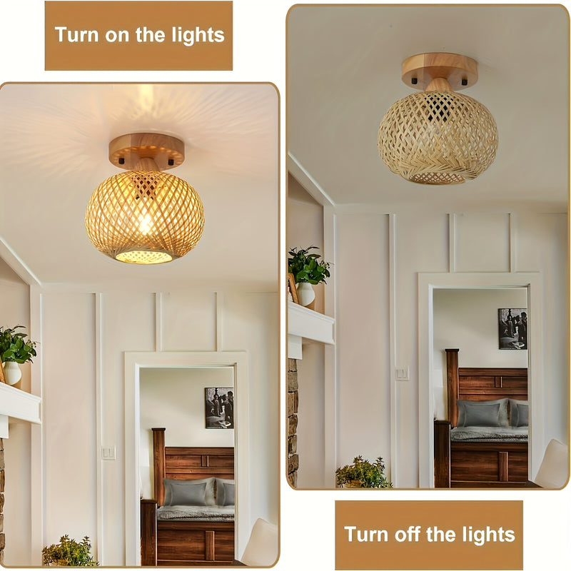1pc Lámpara de techo de bambú tejida a mano - Estilo Bohemio, Eficiente en energía con base E26, Ideal para salón, dormitorio, cocina, pasillo, Iluminación de cocina | Iluminación de estilo bohemio | Lámpara de techo tejida a mano