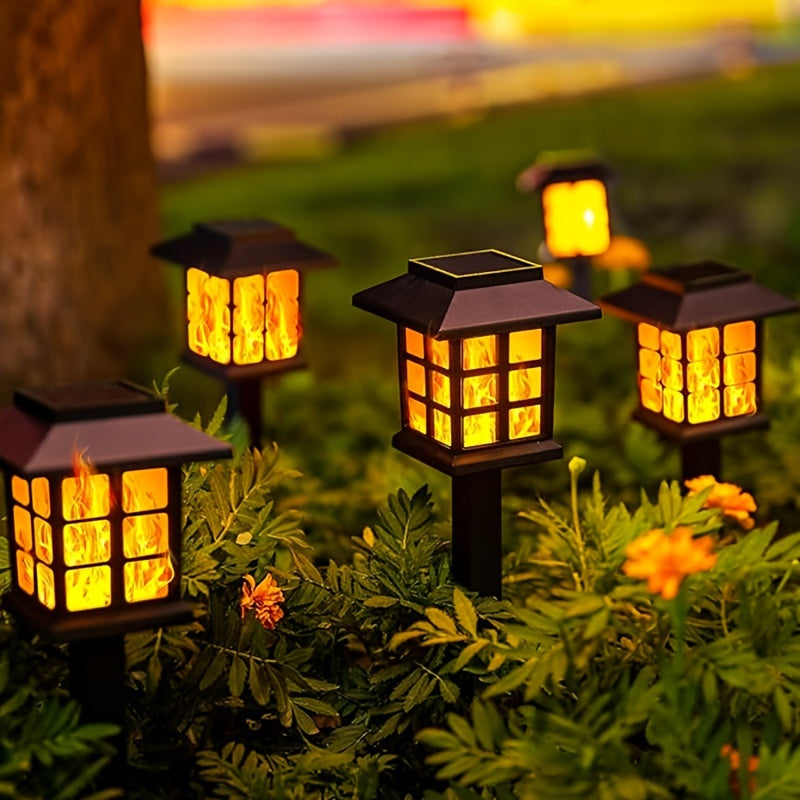 Conjunto de 6 Luces Solares con Efecto Llama LED para Caminos - Iluminación Decorativa para Jardín y Césped Exterior, Efecto de Llama Amarilla Cálida, Soportes Metálicos Negros con Acentos de Cristal, Perfectas para Navidad, Patios y Paisajismo, Luz Ambi