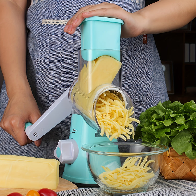 Rallador Manual Multifuncional 3 en 1 para Queso y Verduras con Mango - Plástico Duradero Antioxido, Fácil de Limpiar, Ideal para Cocina, Camping y Autocaravanas - Incluye 3 Ruedas Intercambiables