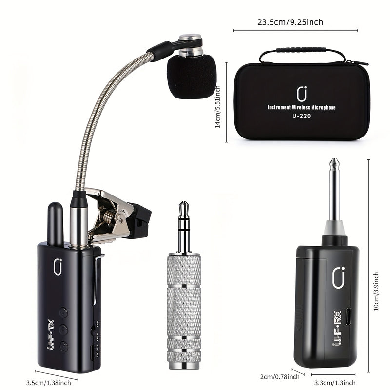 Artículo de Venta Caliente 2025: Micrófono sin varillas UHF para Saxofón, Microfono Clip-On para Instrumentos de Madera y Trompeta, Sistema Transmisor y Receptor Recargable con Distancia de Transmisión hasta 48.77 metros, Apto para Trompeta, Trompa Franc