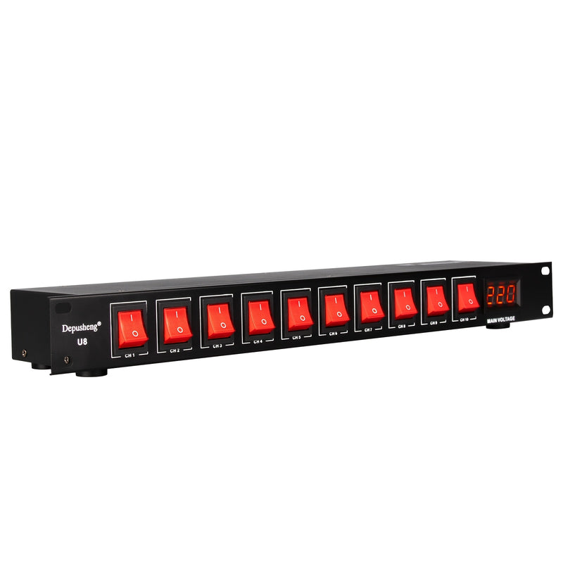 DEPUSHENG 10 enchufes de secuencia de energía y protección contra sobretensiones con pantalla LCD - 220V AC 60Hz, interruptores independientes, protección contra sobrecarga para escenario, estudio, cine en casa, protección de equipo de escenario, acabado