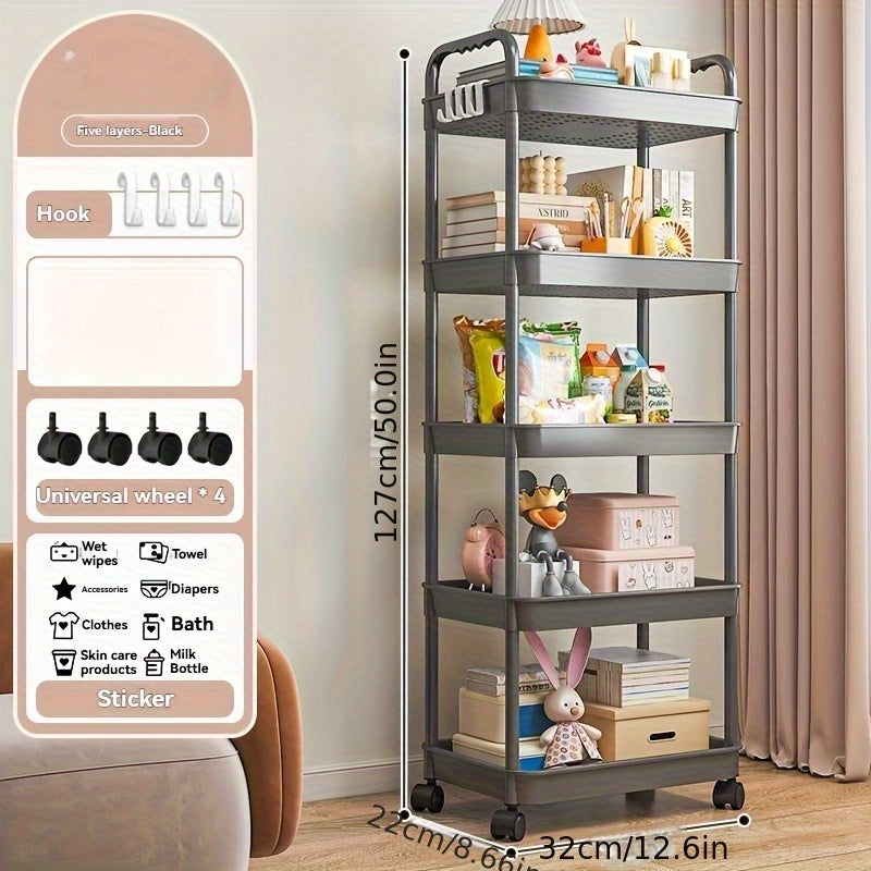 Carrito de almacenamiento rodante de 5 niveles - Gran capacidad, organizador multifuncional con ruedas para sala de estar, dormitorio, cocina, oficina - Plástico duradero, fácil montaje, esenciales para la organización del hogar, carrito de almacenamient