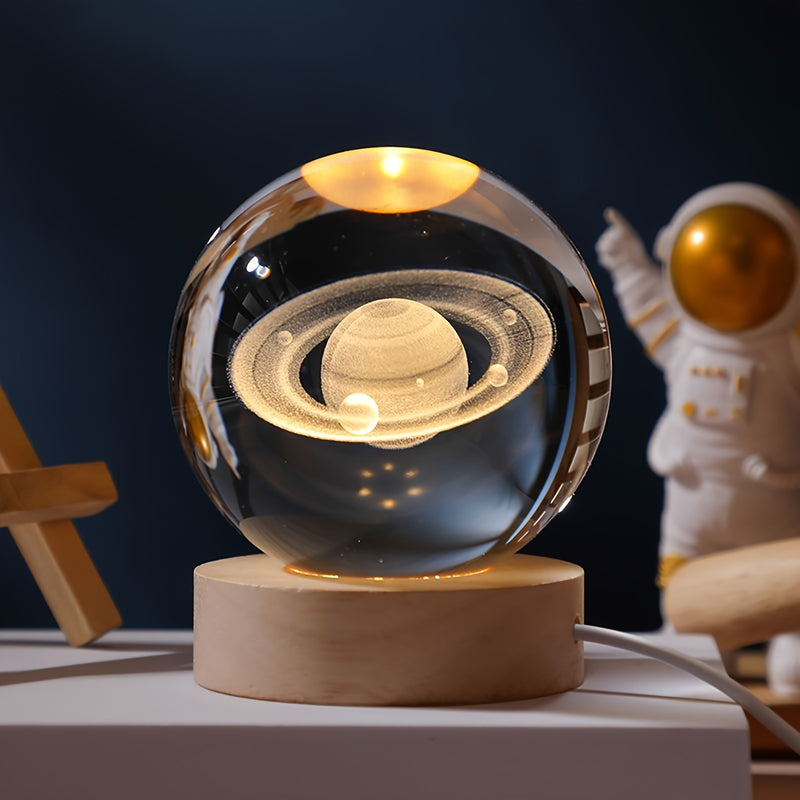 Luz Nocturna de Bola de Cristal Grabada con Láser 3D Inspirada en la Galaxia - Alimentada por USB, Perfecta para Decoración de Hogar y Oficina, Regalo Ideal para San Valentín, Navidad, Cumpleaños, para SATURNO, Escritorio, Ocasiones Especiales