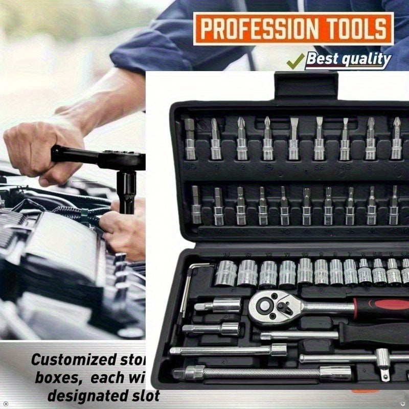 Juego de herramientas de reparación automotriz profesional, con llave de ratchet, cabeza de enchufe y destornillador, adecuado para reparación de automóviles, bicicletas y motocicletas, y juego de herramientas de jardinería negra para el hogar con caja d