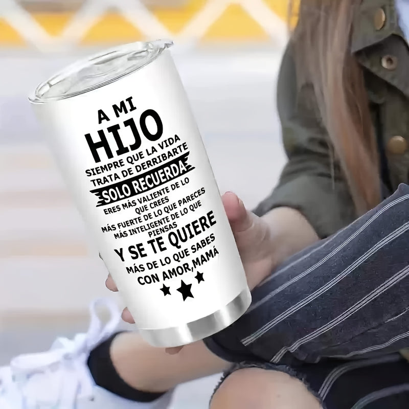 Vaso de acero inoxidable aislado de 20 onzas con tapa deslizante - taza reutilizable blanca para bebidas calientes y frías - mensaje en español para hijo - adecuado para portavasos de coche, Ideal para Navidad