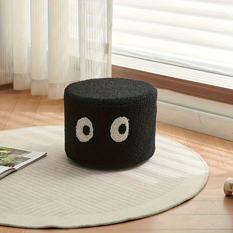 Un taburete redondo de madera maciza removible y lavable, un pequeño taburete para uso doméstico, un taburete creativo con cara feliz en piel de cordero para cambiar zapatos