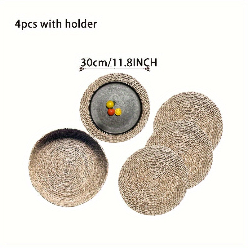 Conjunto de 4 posavasos tejidos a mano con soporte - 30 cm/11,8 pulgadas, material natural, adecuado para Navidad, Halloween, Pascua, Hanukkah, Acción de Gracias y más - Perfecto para la decoración del hogar y bodas