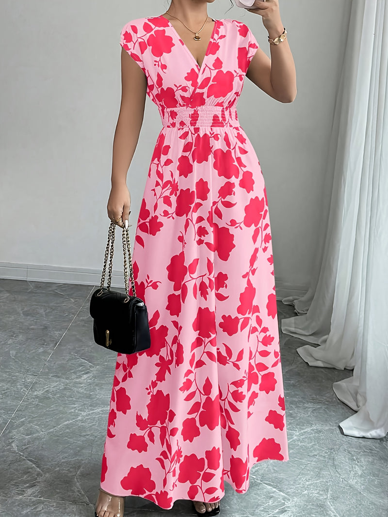 Elegante vestido largo de flores rosas con cuello en V y mangas cortas - Silueta de línea A que fluye, cintura ceñida, perfecto para primavera/otoño, ropa casual a formal, ropa elegante casual | Vestido con estampado floral | Diseño de cintura ceñida