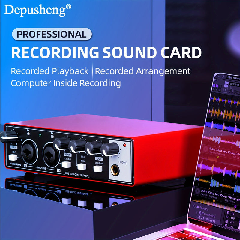 Interfaz de Audio USB DEPUSHENG de Ultra-Baja Latencia - 24Bit/96kHz, XLR con Alimentación Fantasma, Plug & Play para Grabación, Streaming y Podcasting - Rojo