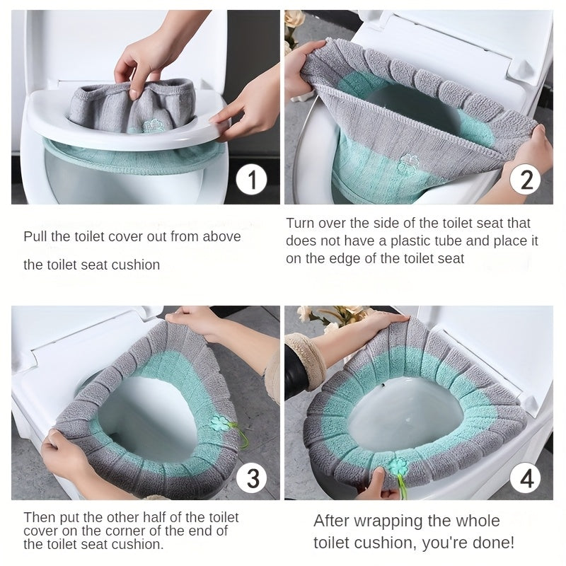 Cubierta de asiento de inodoro de peluche para el hogar - Gruesa, cálida, lavable en máquina, ajuste universal para todas las estaciones con decoraciones de estrellas y flores en azul, verde, rosa y púrpura, decoración de baño.