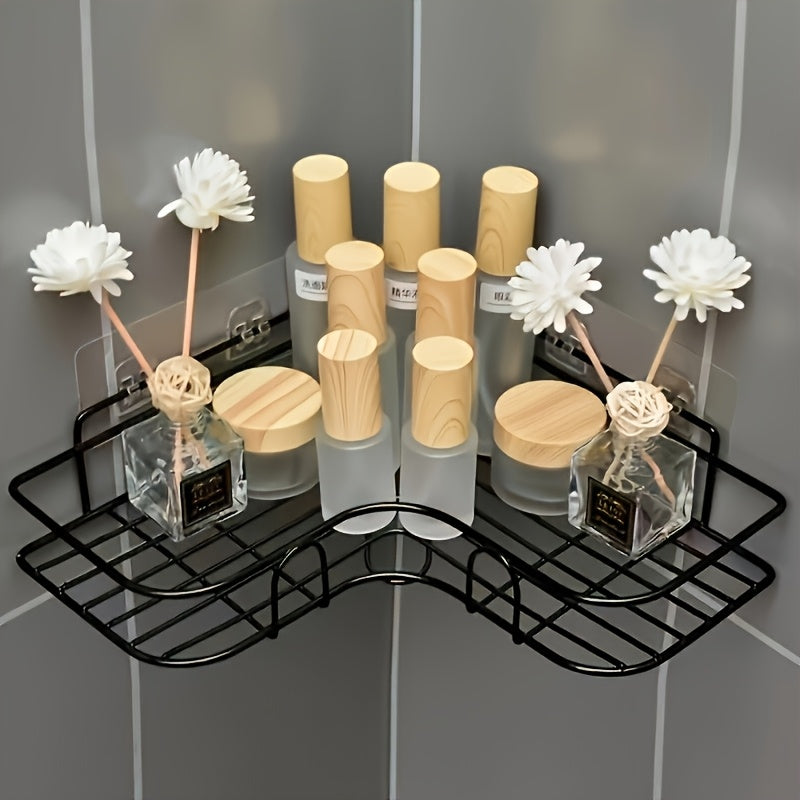 Estante de ducha de esquina de hierro fundido - Estante de almacenamiento de baño montado en la pared que no requiere taladrar, con diseño de malla de alambre de metal negro para un fácil acceso y organización, perfecto para champú, acondicionador y jabó