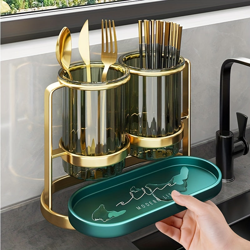 Porta cubiertos de lujo de metal y plástico, soporte para utensilios de cocina de pared, sin contacto con alimentos, estante de almacenamiento de drenaje moderno para cuchillos, tenedores, cucharas, cesta de palillos
