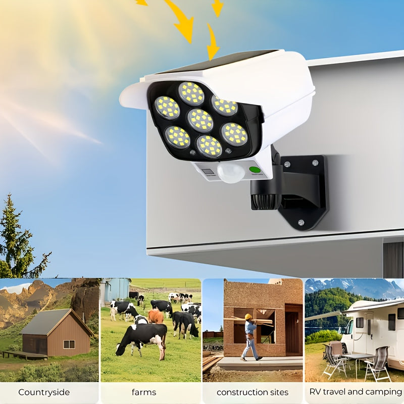 2 piezas de luz blanca 77LED - Luces de vigilancia solar simulada para exteriores, iluminación de emergencia con sensor de movimiento, batería de litio de 1200mAh | Desde el atardecer hasta el amanecer | Con función de sensor de cuerpo humano | No se req