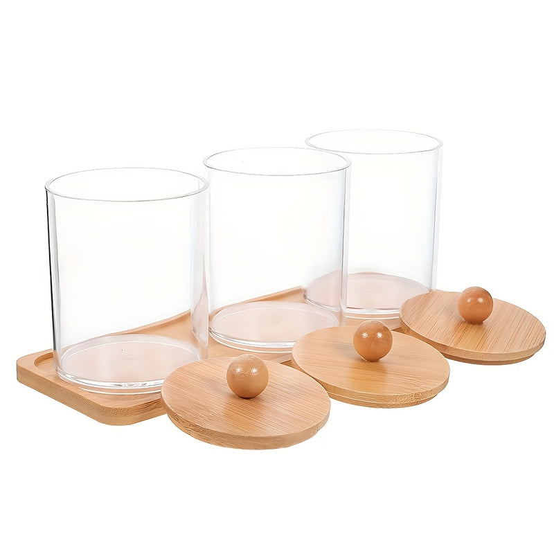 1 juego de frascos transparentes con tapas y bandejas de bambú, ideales para organizar y decorar baños. Farmacéuticos pueden usarlos para guardar hisopos, bolas, esterillas e hilo dental