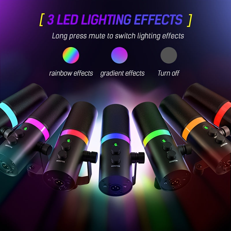 Micrófono Dinámico AmaceX RGB con XLR/USB - Ideal para Podcasting, Gaming, Grabación y Voz en Off | Construcción Metálica con Función de Silencio