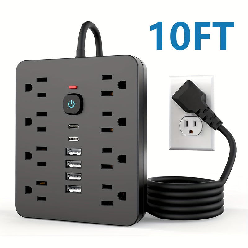 Regleta de 14 en 1, 8 tomacorrientes, 4 puertos USB, 2 puertos USB-C, cable de extensión de 152.4/304.8 cm, enchufe plano, montaje en pared, protección contra sobrecargas, supresor de picos, ideal para carga en el hogar y oficina
