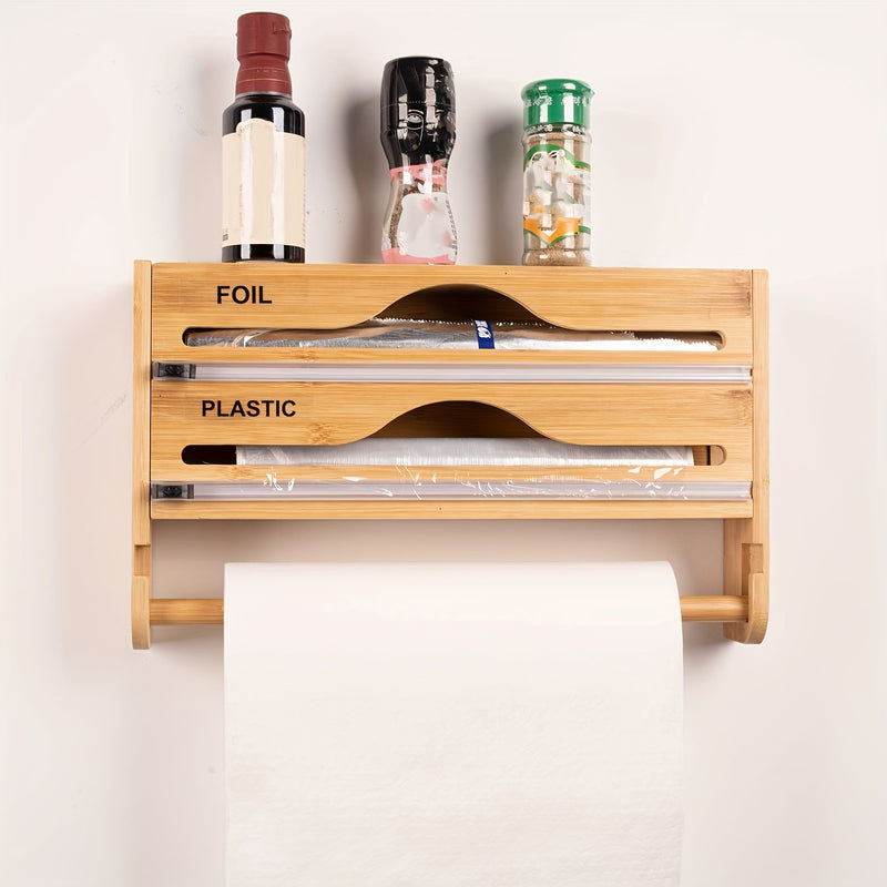 1pc Organizador de Pared de Bambú para Papel Aluminio, Bolsas y Envoltura - 3 en 1 con Cortador Integrado, Diseño Ahorrador de Espacio para Encimera o Despensa